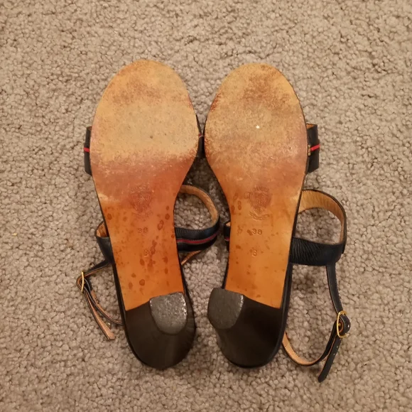 Gucci Italy Vintage Gold Bit Black Red Leather Sandals Heels Slides Shoes sz 38 - Picture 3 of 9